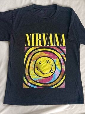 NIRVANA Black Tee with Yellow & Tie-Dye Smiley Graphic